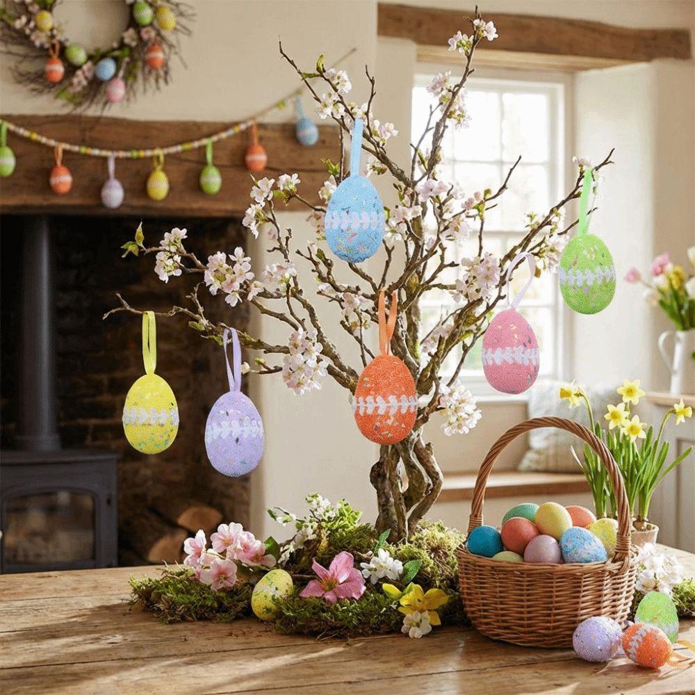 6Pcs DIY Craft Fake Easter Eggs Colorful Eggs Hanging Ornaments  Easter Party