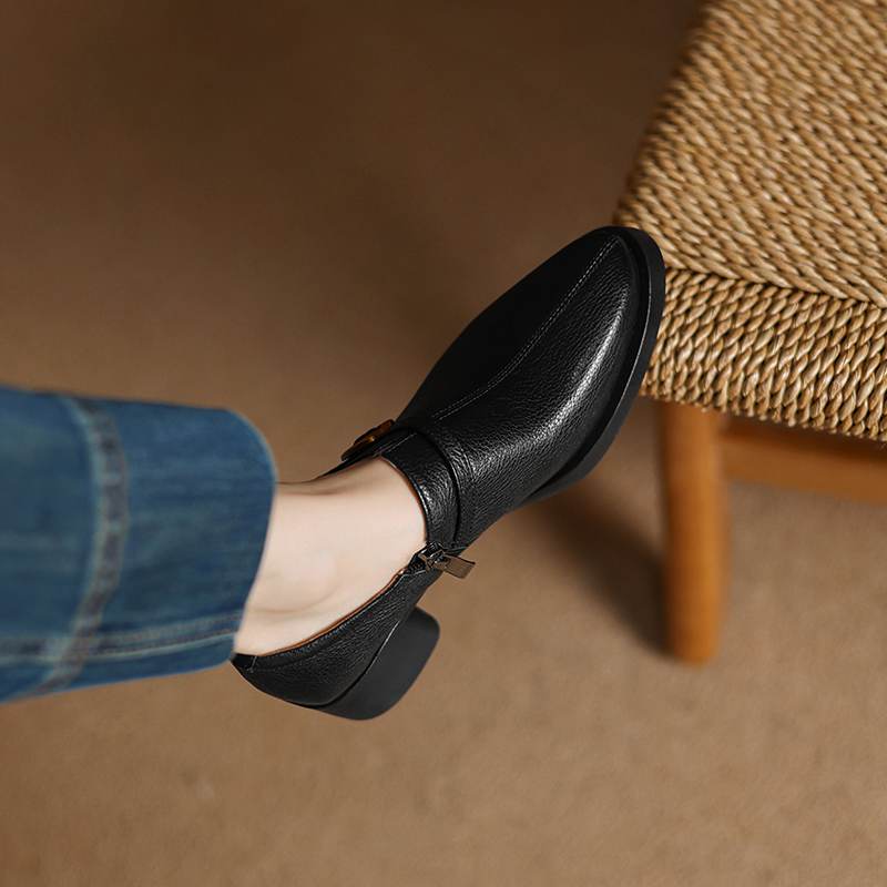 Krazing Pot Cow Skin Autumn Winter Shoes Chunky Heels Size 43 Size 42 Round Toe Zipper Deep Mouth Retro Fashion Pumps