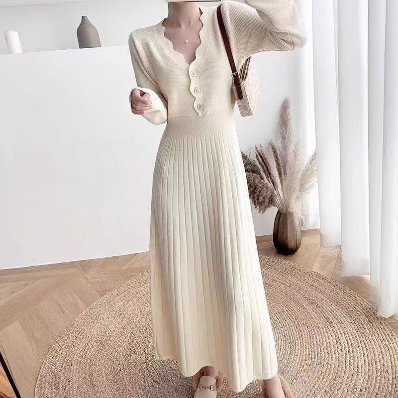 Wave V-neck Breasted Knitted Dress Women's Autumn and Winter New Medium and Long Waist and Thin Bottom Sweater Skirt