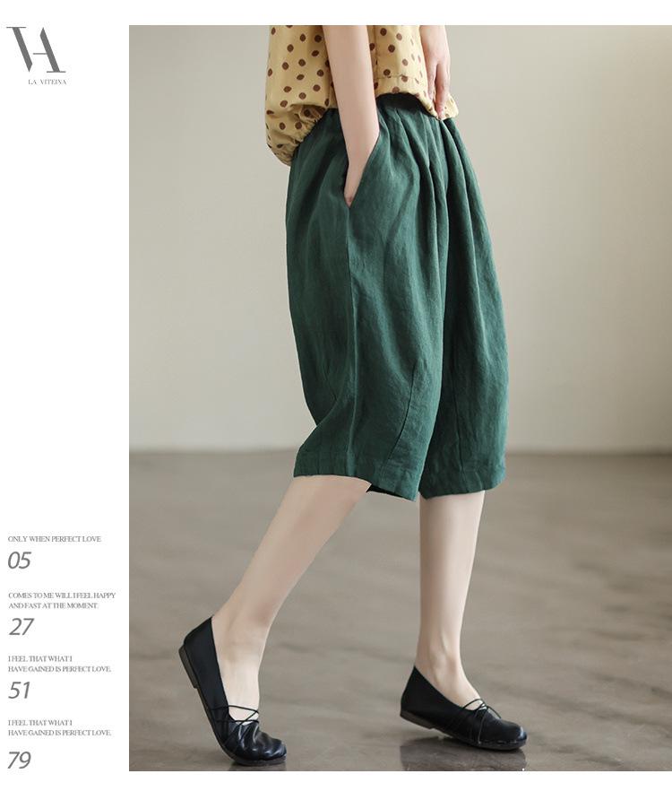 W magazynie: Damskie letnie spodnie retro z bawełny i lnu - Elastyczna talia, Design pięciopunktowy, Rozmiar plus, Styl casualowy