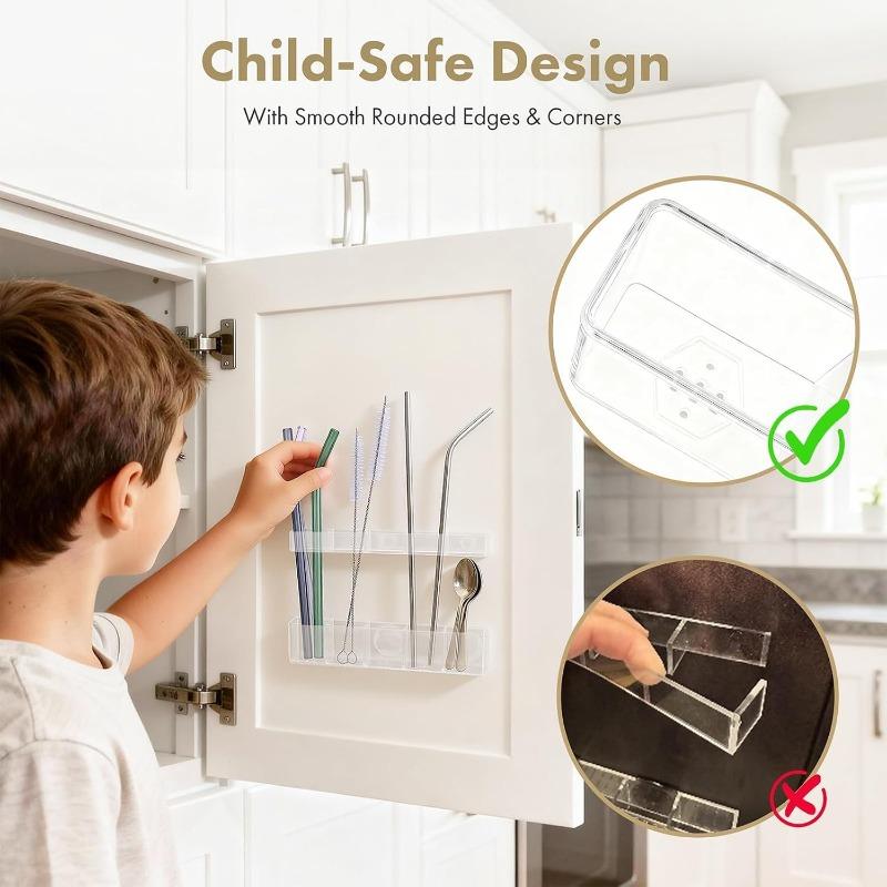 Straw Holder for Cabinet Door - Child-Safe Organizer Dispenser with Smooth Rounded Edges for Kitchen Accessories Storage Adhesive Circles Included