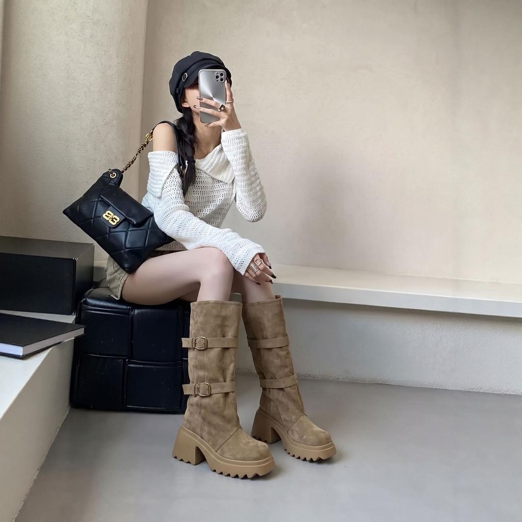Autumn and winter new retro western cowboy boots women's thick-soled thick heel belt buckle high knight boots slim long boots