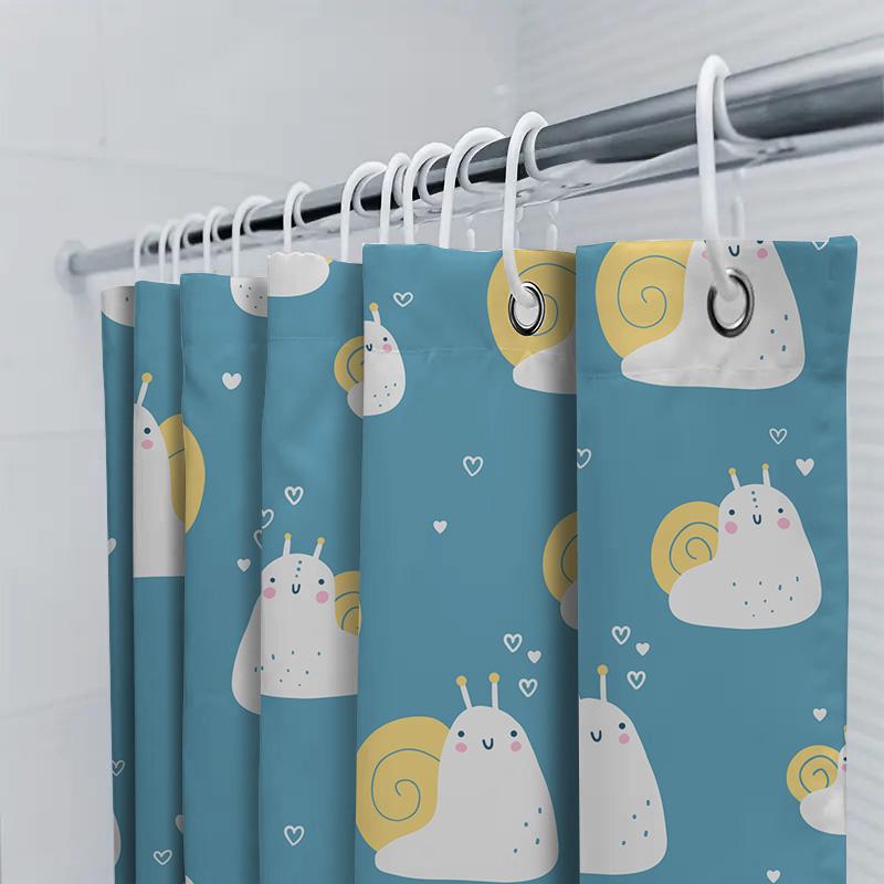 Adorable Cartoon Snail Shower Curtain For Bathroom Decor Blue Background With White Hearts Pattern Waterproof Fabric Easy Instal