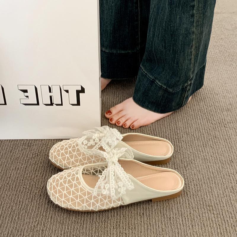 Baotou Half Slippers Women's Outer Wear 2025 Spring and Summer New Low-heeled Lace Bow Mary Jane Cool Slippers