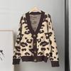 Womens Oversized V-Neck Knit Cardigan With Leopard Print - Soft Acrylic Warm Loose Fit Long Sleeve Sweater Fall 2025