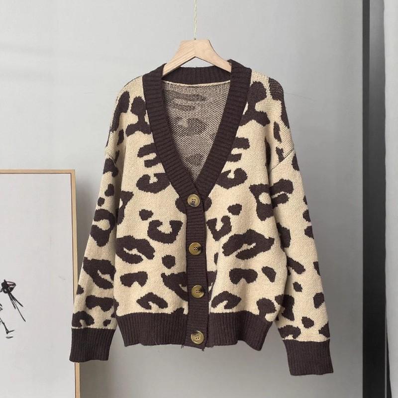 Womens Oversized V-Neck Knit Cardigan With Leopard Print - Soft Acrylic Warm Loose Fit Long Sleeve Sweater Fall 2025