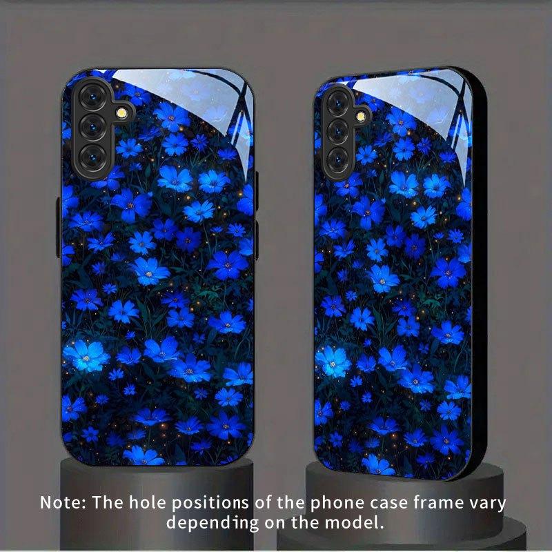 Dark Night Blue Flower Pattern Tempered Glass Phone Case for Samsung Galaxy S26 S25 S24 S23 S22 S20 Fe/plus/ultra Anti Drop