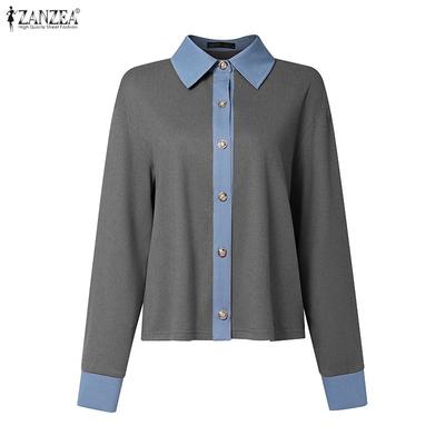 Women Casual Splice Turn Down Collar Long Sleeve Blouse