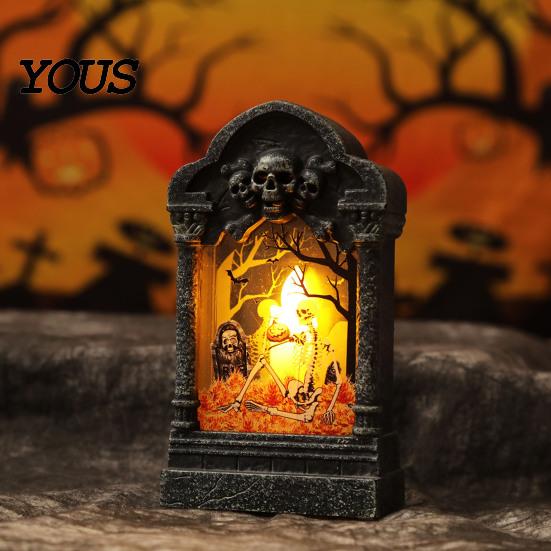 Table Bookshelf Decoration Tombstone Candle Lantern, LED Lighted Spooky Graveyard Lamp, Halloween Haunted House Props Small Night Light for