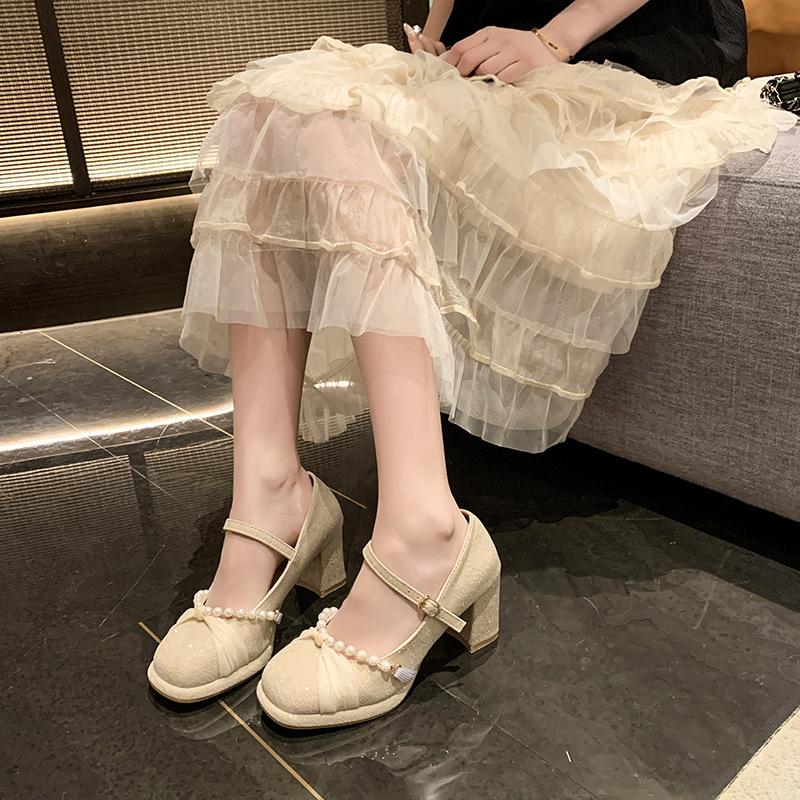 French Small Fragrant Style High Heel with Skirt Thick Heel Single Shoes Women Wear for a Long Time Not Tired Feet Cute Sweet Internet Celebrity Popul