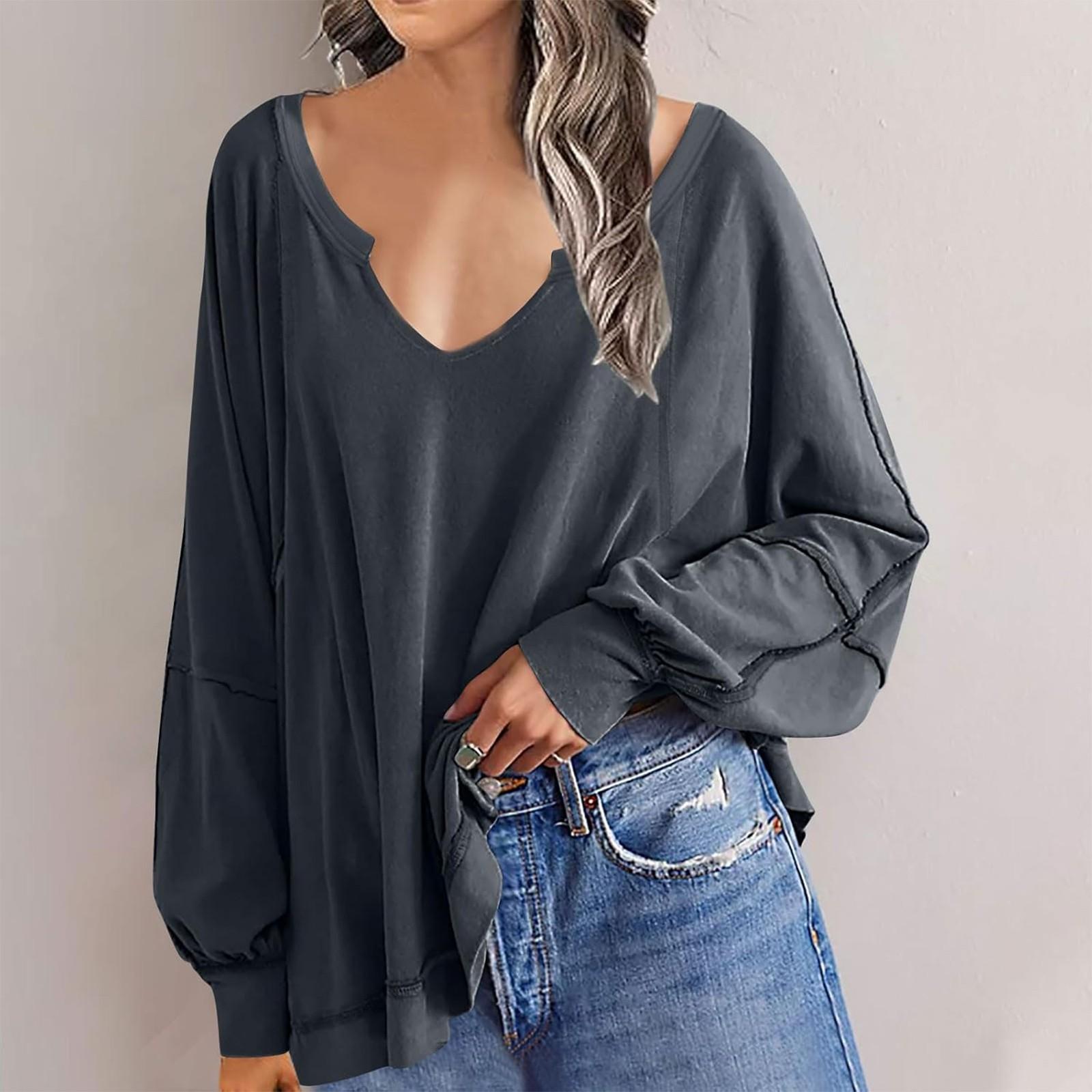 

Толстовка большого размера для женщин, повседневные толстовки с v-образным вырезом и нерегулярным подолом, свободный пуловер с длинными рукавами M серый