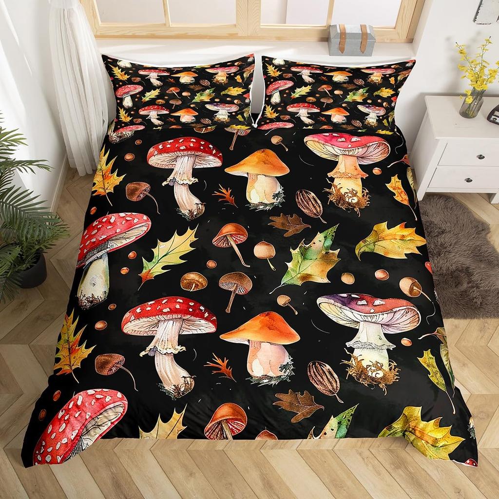 Comforter Wild Mushroom Bedding Set King Queen Cute Mushrooms Comforter Kawaii Fungus Cartoon Plant Leaves