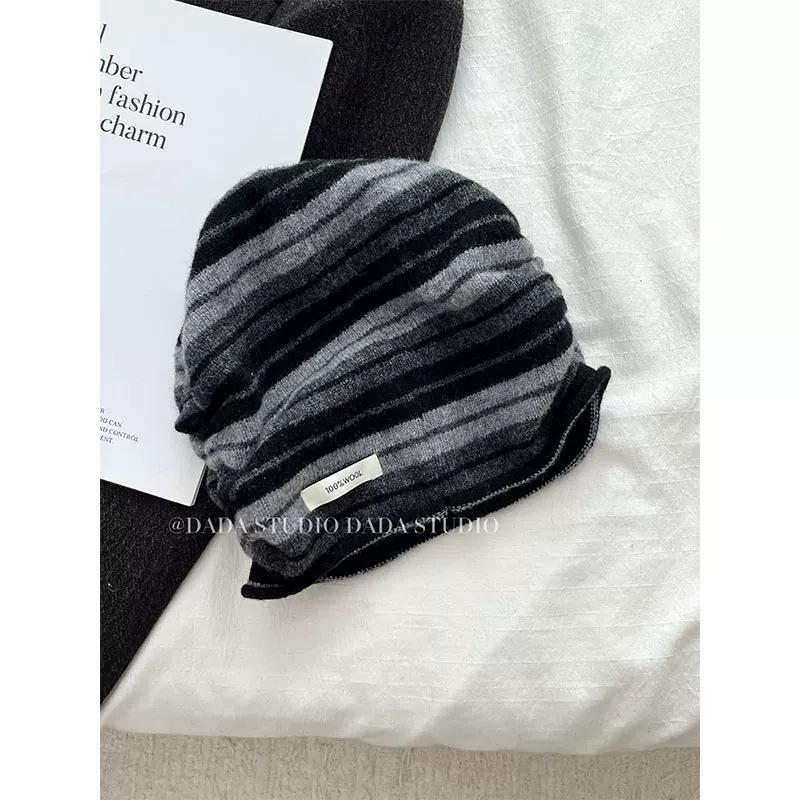 Color Striped Wool Knitted Pullover Heap Hat Female Atmosphere Soft Waxy Bag Head Show Face Small Hat Warm Cold Hat Man