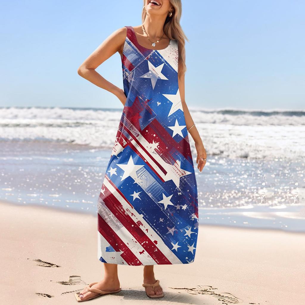 Women's Casual Long-length Sundress Summer Beach Dress Round Neck Sleeveless Loose Sundress