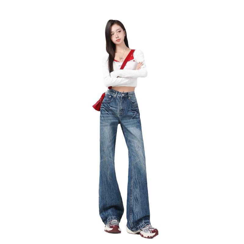Women's 2024 Autumn/Winter Retro Blue High-Waisted Slim-Fit Micro-Flare Jeans