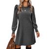 Womens Puff Long Sleeve Dress Casual Knit Crewneck Knee Length Dresses With Pockets