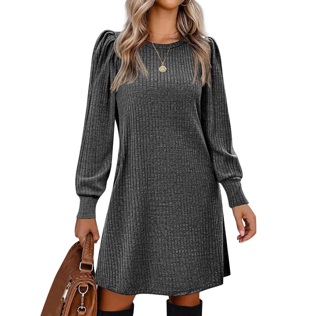 Womens Puff Long Sleeve Dress Casual Knit Crewneck Knee Length Dresses With Pockets