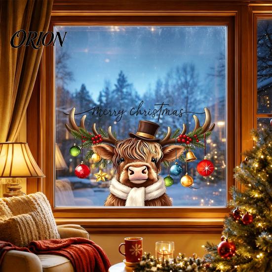 Highland Cow Window Decals Cute Christmas Static Sticker, PVC Waterproof Cling for Holiday Festive Stickers Home Decoration, Removable Glass