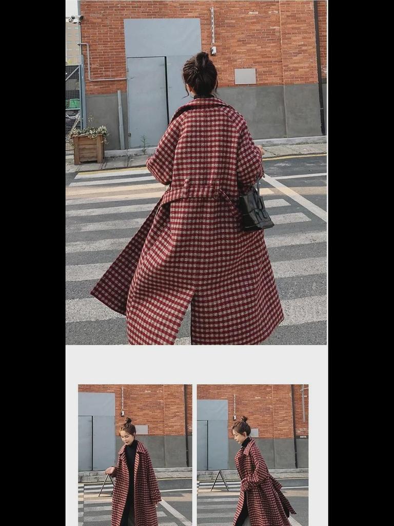Women's 2024 Plaid Woolen Coat: Korean Style, Mid-Length, Slim Waist with Pockets, Thick for Winter