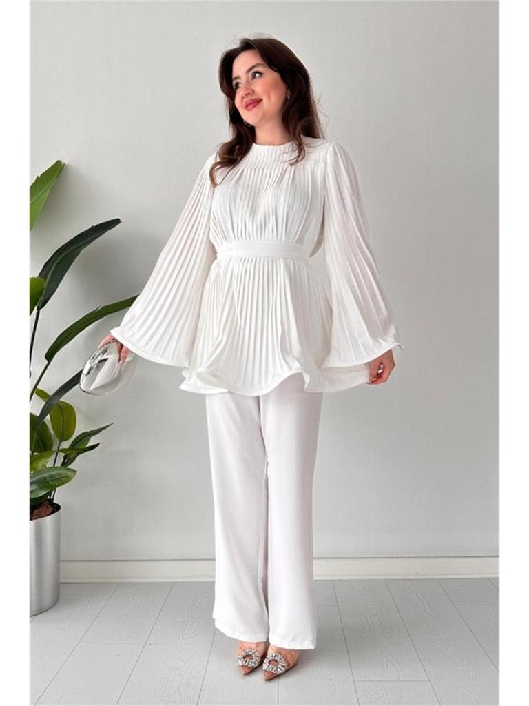 Nuovo Set Moda Donna 2024: Top Pieghettato con Lacci e Pantaloni a Gamba Larga