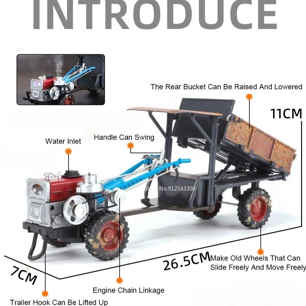 1:24 Hand Held Tractor Model Toy Rotating Locomotive Head Retro Agricultural Vehicle Adjustable Rear Bucket Models Holiday Gifts