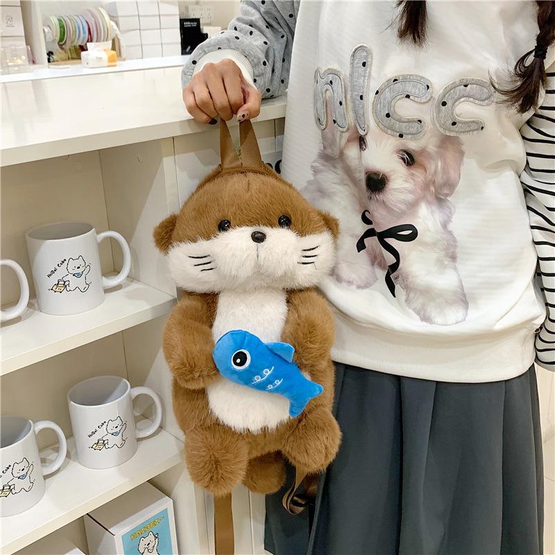 Cute Otter Holding Fish Plush Backpacks Kawaii Girls Trendy Single-Shoulder Bag Adorable Casual Student Bag For Girlfriend Gift