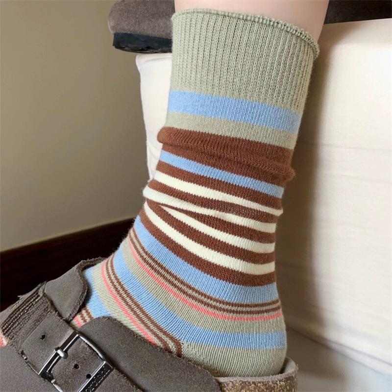 Retro Color-blocking Striped Mid-calf Socks for Women, Breathable Autumn and Winter Pile Socks