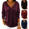 Women Tops V Neck Long Sleeve Ruffle Neckline Pullover Tops Solid Color Loose Fit Velvet Blouse Work Party Date Wear