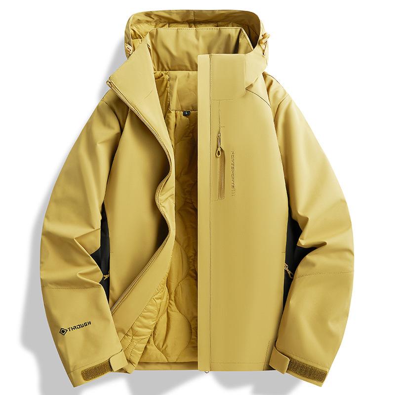 Unisex HJCAMEL Camel Outdoor Windbreaker: Spring & Autumn Waterproof, Windproof, Warm Cotton Jacket for Middle-Aged & Elderly Hiking Enthusiasts.