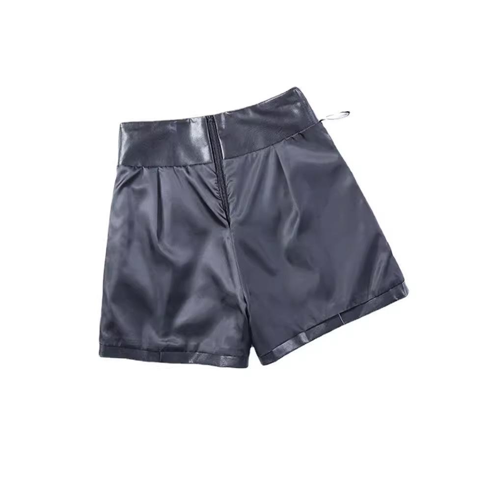 2023 Autumn Black High-Waist Leather Shorts for Women - Slimming, A-Line, Loose-Fit Wide Leg Design