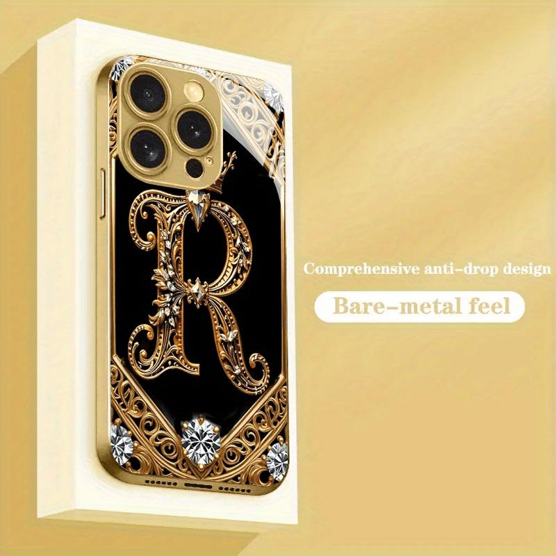 Creatieve Elegante Letter R Goud Metallic Verf Glas Telefoonhoesje Voor iPhone 17 16 15 14 13 12 11 Pro Max 14 Plus 17 Air 16E Cover