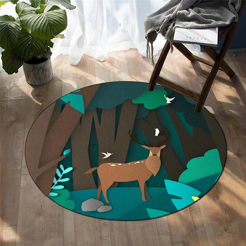 Forest Deer Round Carpet Soft Cartoon Rug Non-Slip Circle Floor Mat for Living Room Bedroom Sofa Bathroom Children's Dorm Decor