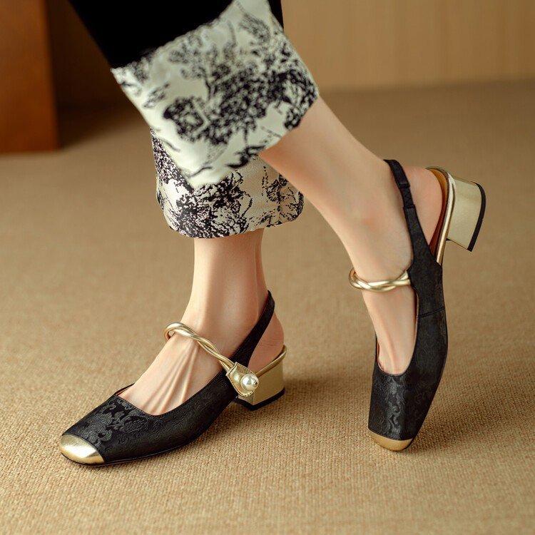 High-end embroidery pattern bag head rear empty sandals spring light luxury thick heel women's shoes