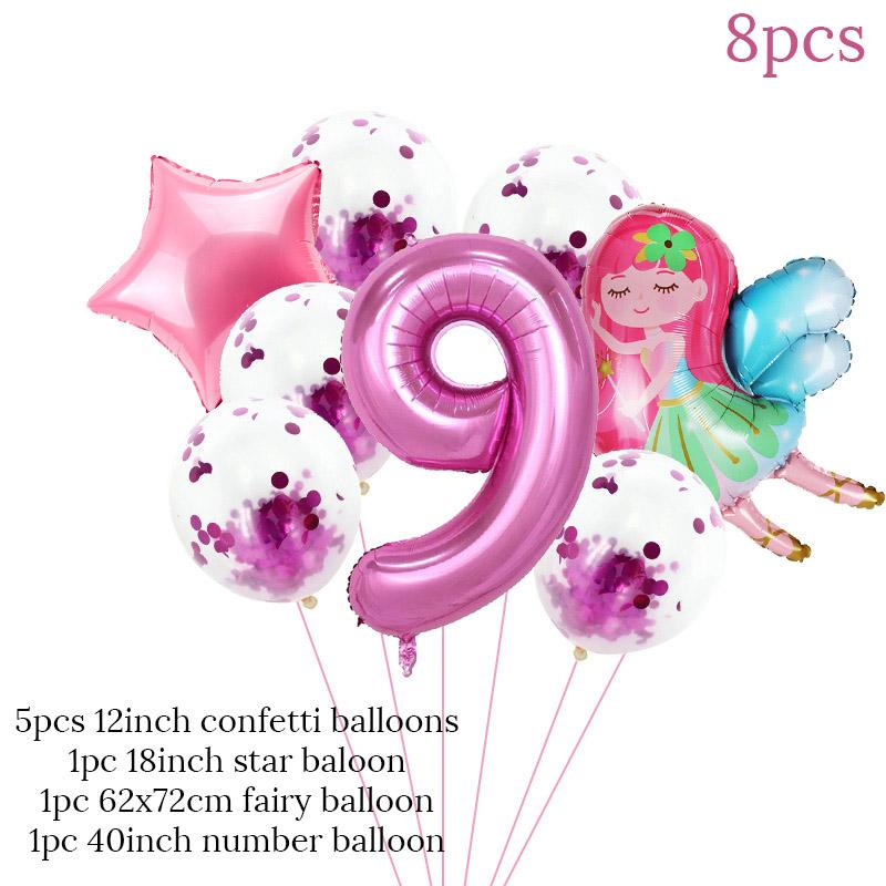 8pcs Girl Birthday Balloons Set Fairy Foil Balloons Number Helium Balloon 1 2 3 4 5 6 7 8 9 Years Old Kids Birthday Party Gifts