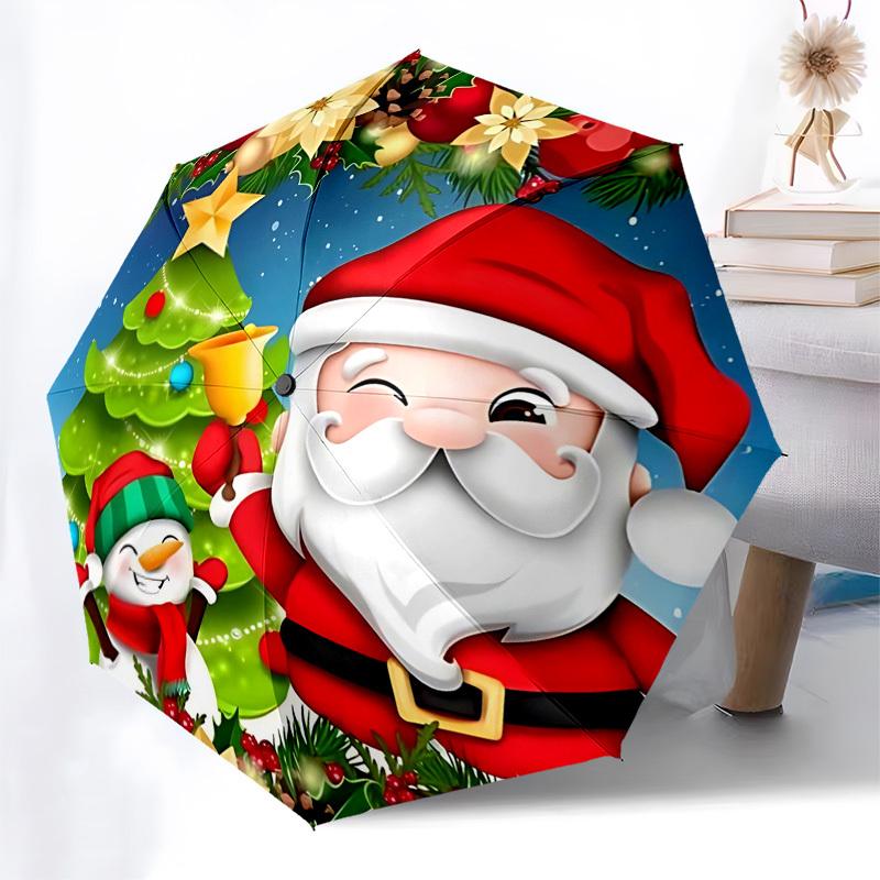 

1pc Christmas Santa Claus Snowman Automatic Opening/Closing Umbrella, Portable 3-Fold Design with 8-Bone Iron Frame, Outdoor, Gift for Fans, Travelers