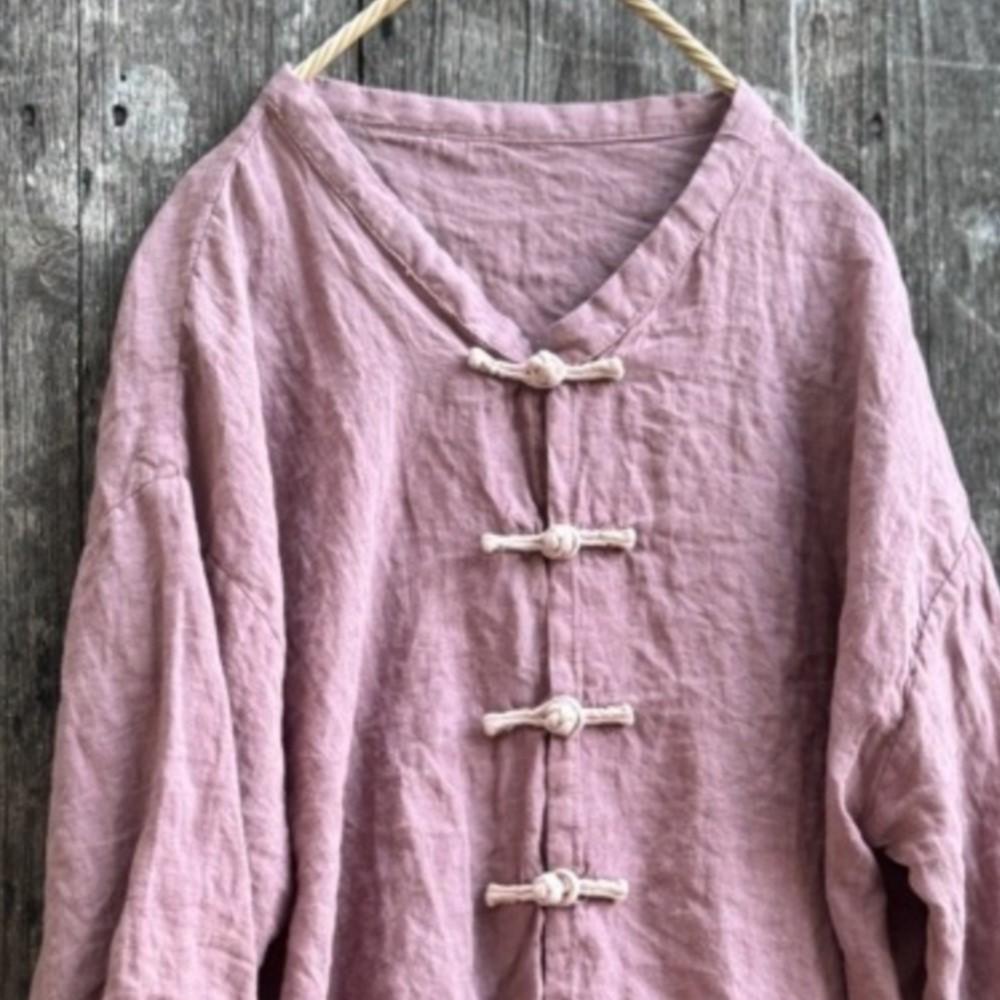 Johnature Women Vintage Shirts Solid Color Stand Long Sleeve Blouses Autumn Button Loose Chinese Style Top