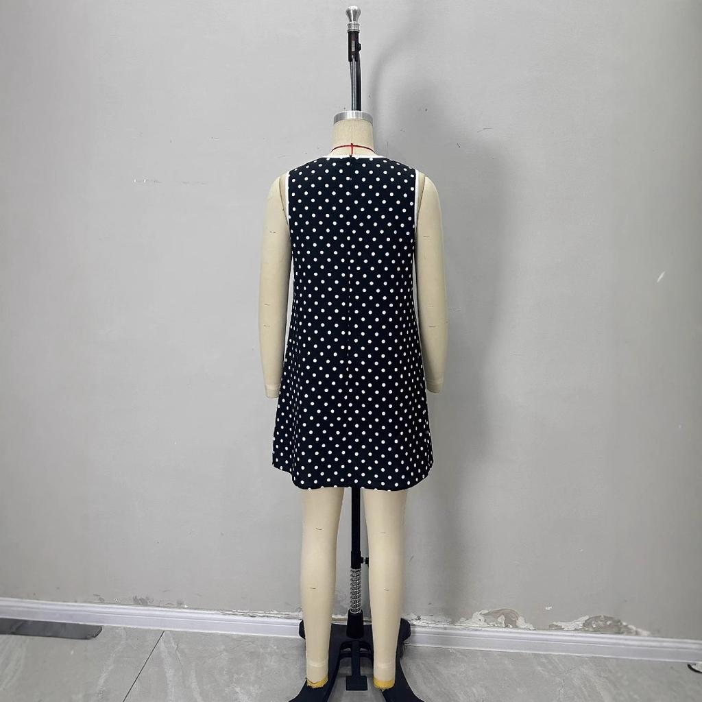 European and American elegant and simple summer new round neck loose sleeveless polka dot skirt loose mini skirt