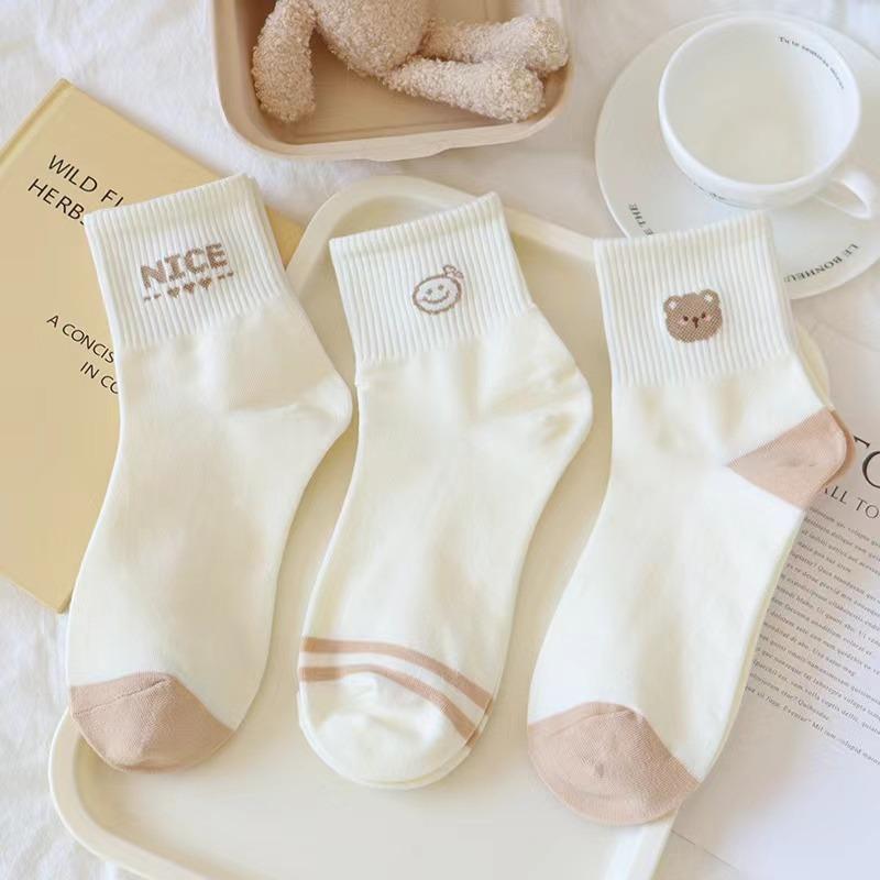 5 pairs/Pack Spring Summer Women's Socks Cute Short Socks Korean Style Bear Smile Face Letters Print Ankle Socks