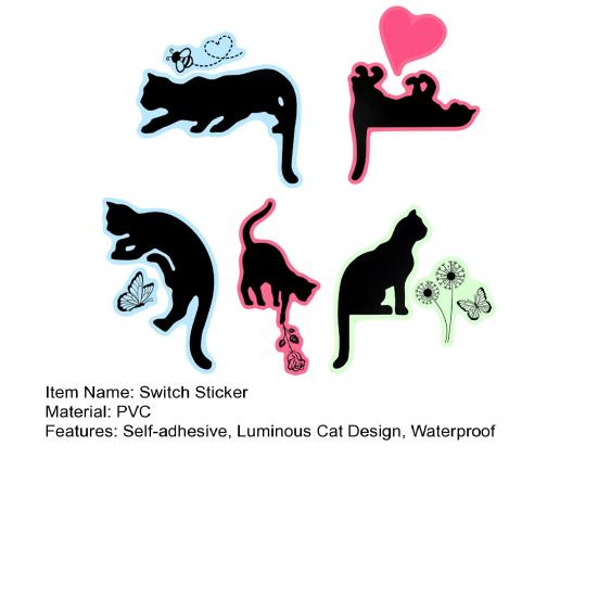 5 ks/sada Svítící samolepka na vypínač s kočkou Samolepicí Odnímatelná Vodotěsná PVC Samolepka Svítící ve tmě Koťátko Nástěnná Zásuvka Dekorace
