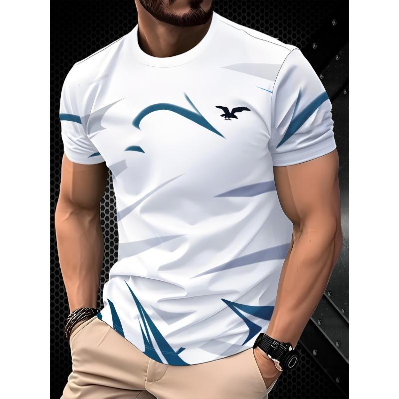 Men s Trendy Sports Short Sleeve White Blue Grey Color Block Geometric Line Print S