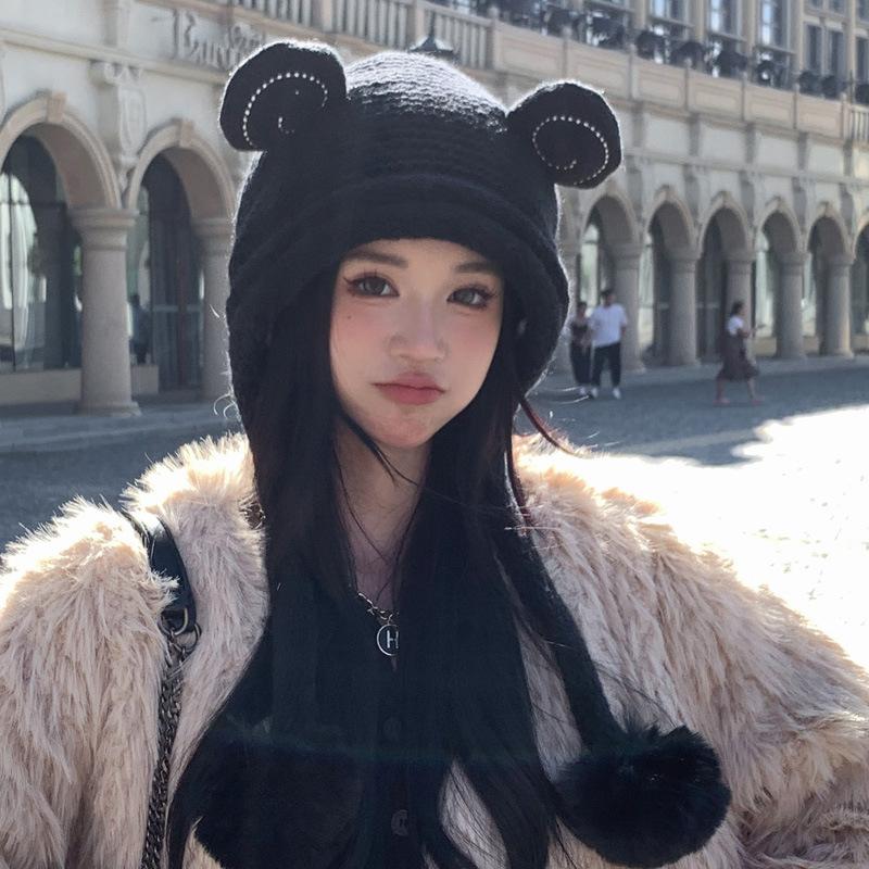 Cute Cartoon Frog Wool Ball Knitted Hat for Women In Winter Plus Velvet Warm Ear Protection Hat for Students Wool Hat Thick