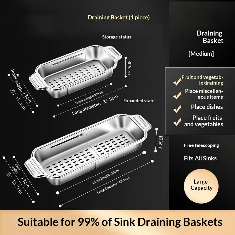 Expandable Stainless Steel Sink Drain Basket Telescopic Adjustable Filter Holder for Fruit Cleaning Kitchen Accessories