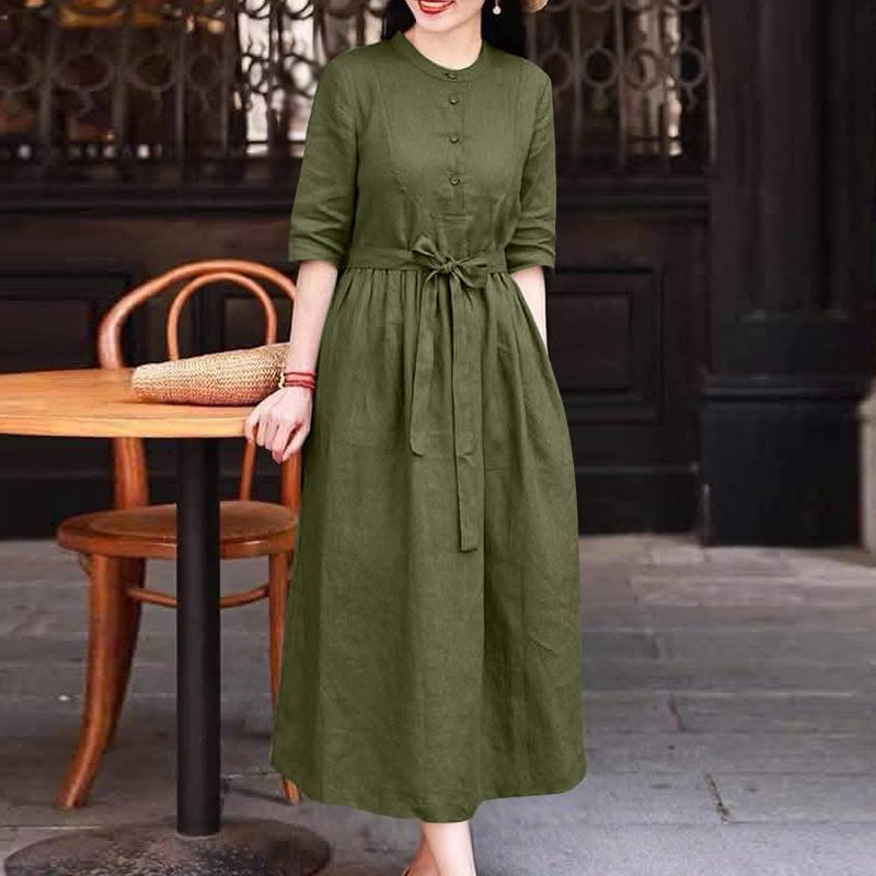 ZANZEA Women Casual Round Neck Loose Half Sleeve Dress