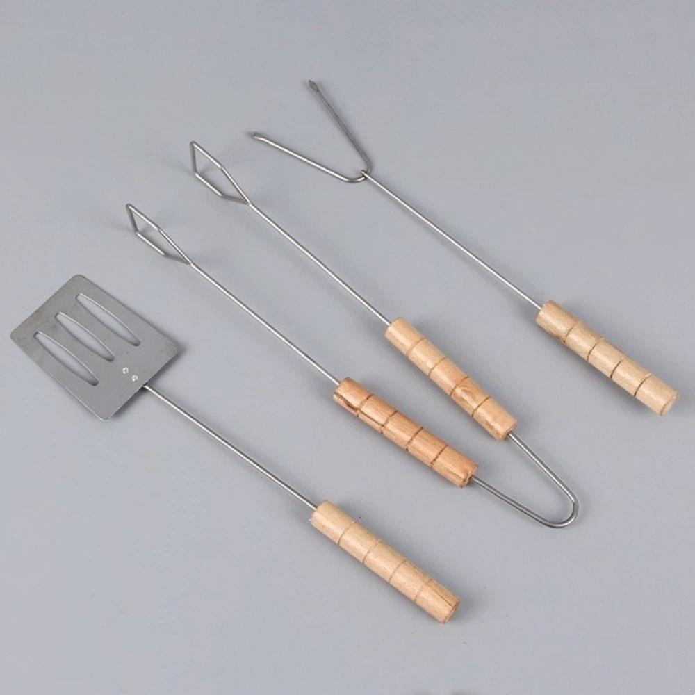 3Pcs Wood Long Handle BBQ Spatula Tongs Fork Set Heat Resistant Barbecue Utensils Grilling Picnic
