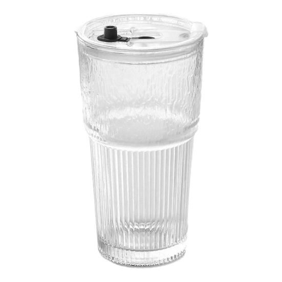 Ribbed Glass Cup with Lid And Straw, 600ml Large Capacity Iced Coffee Tumbler, Reusable Cold Drink Cup for Home Office Travel Use