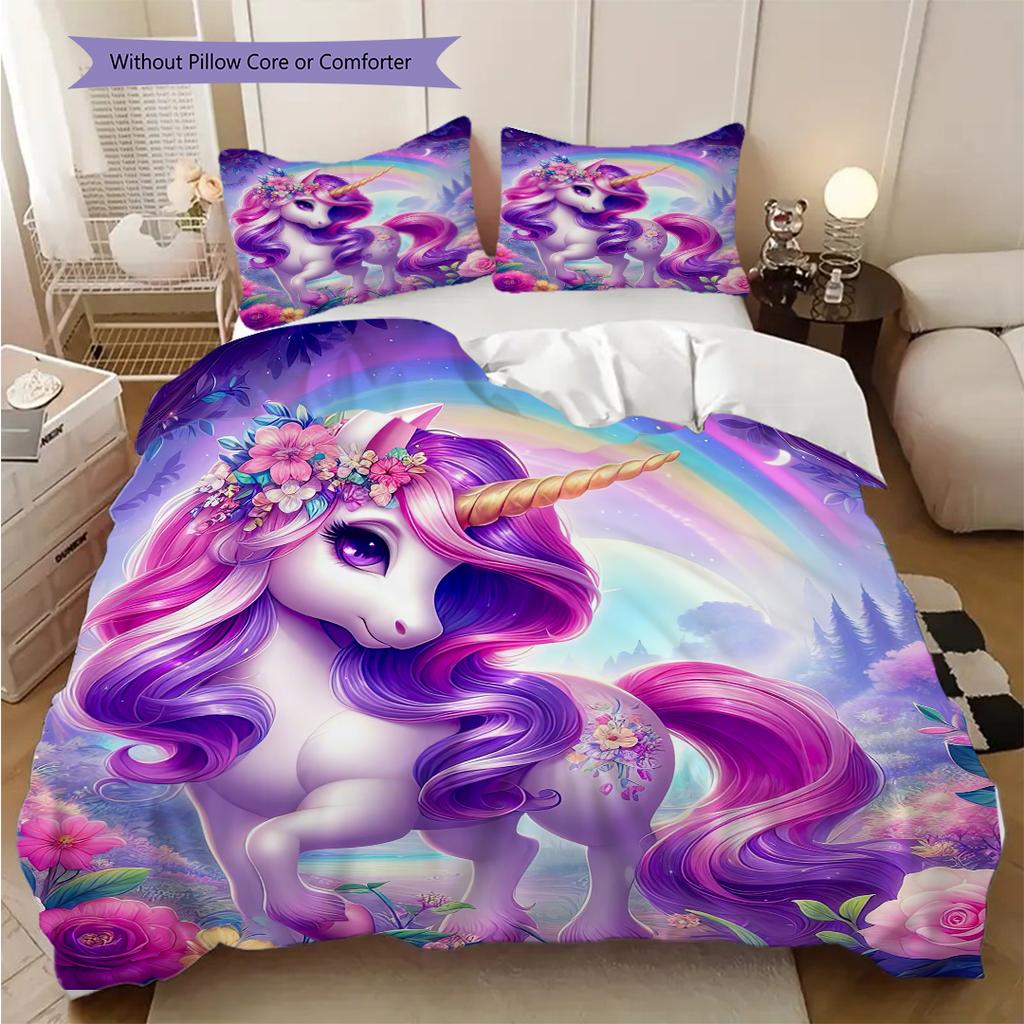 Cartoon cute fantasy unicorn bedding, duvet cover, pillowcase, home decoration, birthday gift (1 * duvet cover+2 * pillowcase, coreless)