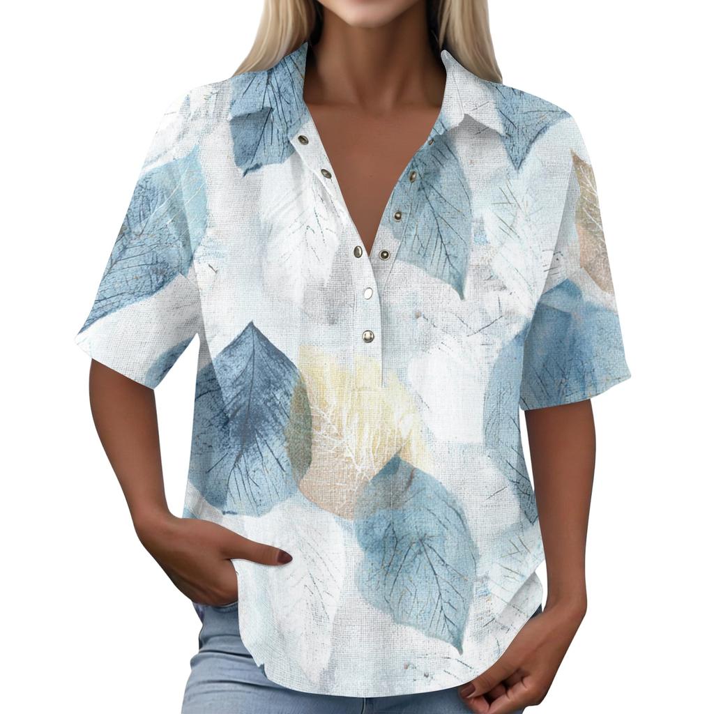 Women's Fashion Polo Collar Button Front Vintage Floral Print Loose Fit Short Sleeve T Shirt Linen Blend Casual Top