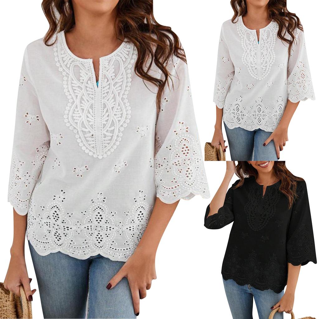 Women's Fashionable And Sexy Lace Trimmed V-neck Spring Three Quarter Sleeve Pullover Shirt