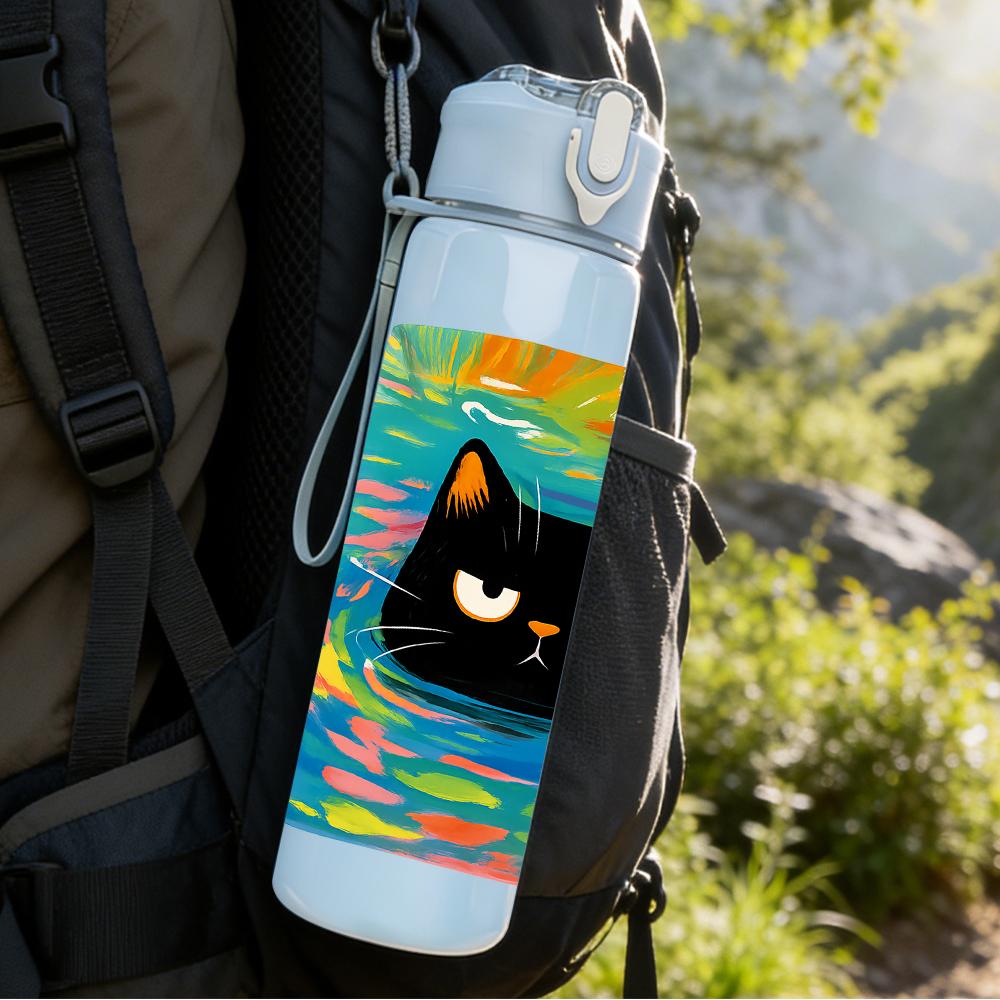 1PC Color Block Black Cat Canvas 750ml Color Plastic Sports Water Bottle Leakproof Flip Straw Lid Suitable for Sports Office Home Use