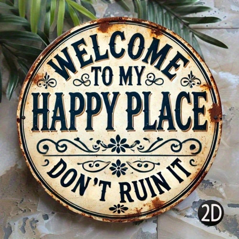 Vintage Style Happy Place Round Metal Sign Wall Art Home Decor Gift